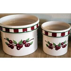 2001 Tender Heart Treasures Cherry Pattern Crock Containers Set of 2 Nice